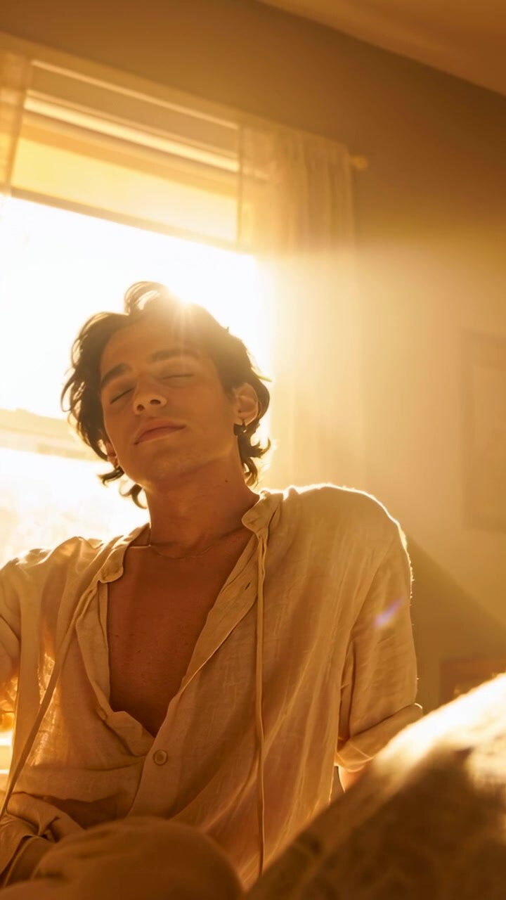 Vertical video: Closing eyes, man in loose shirt in bedroom soaking warm light from rising sunbeam