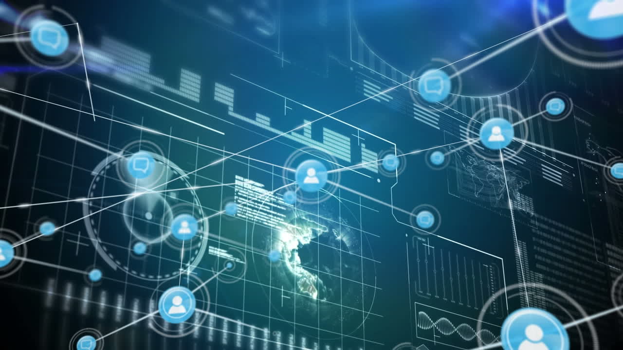 Animation of network of connections with icons and network of connections on blue background