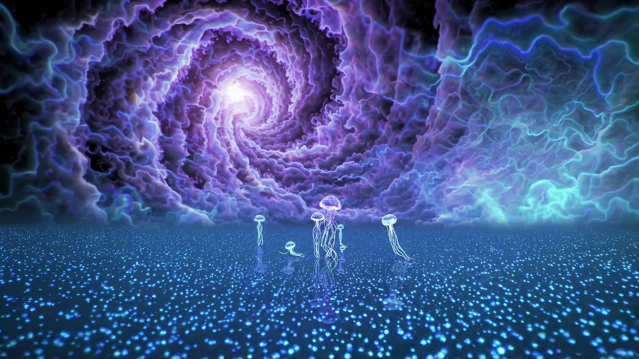 Surreal video concept with a low-angle view of glowing jellyfish against a cosmic vortex