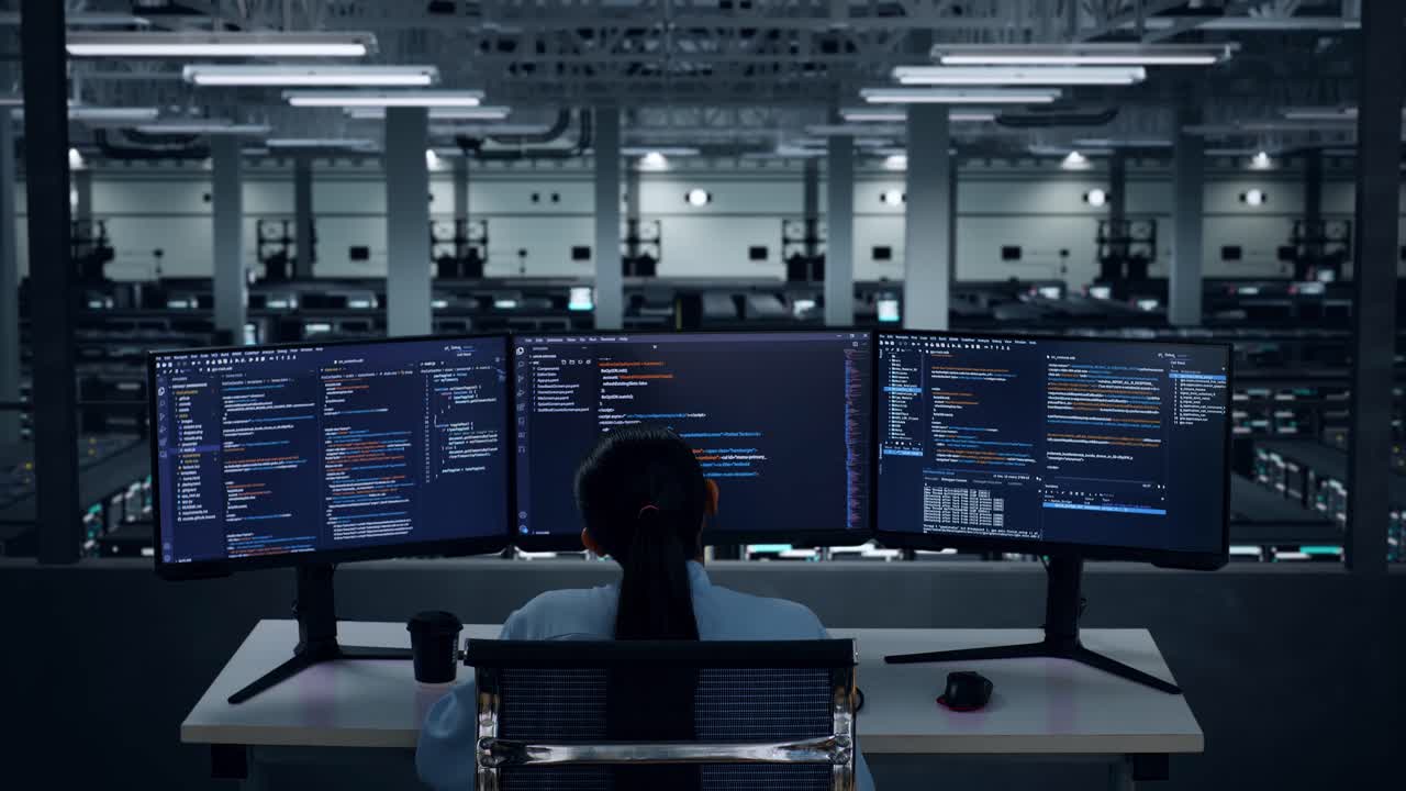 Programmer working in a server room at night