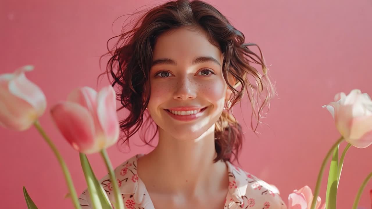Ritratto di una giovane donna sorridente con lentiggini e tulipani su sfondo rosa