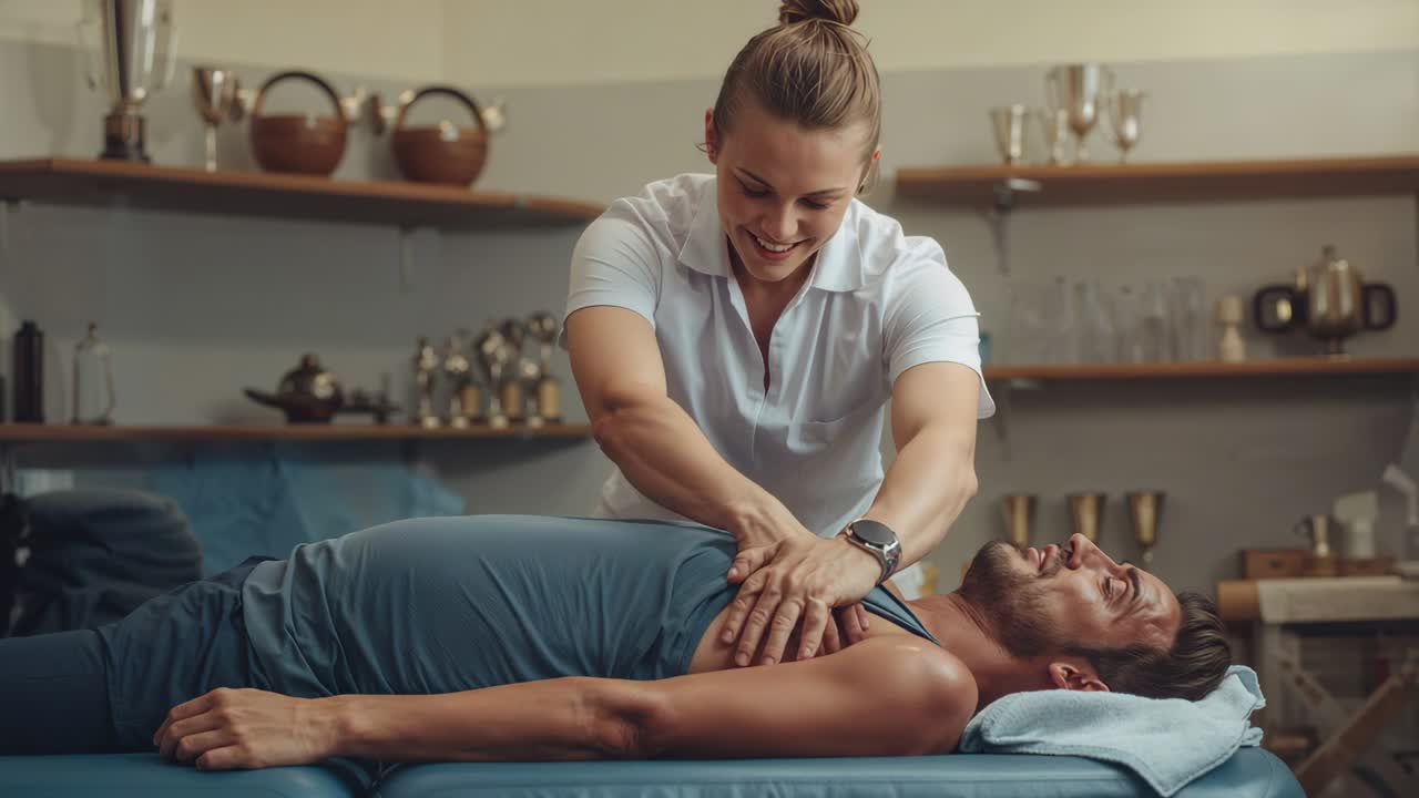 Placing hands, female therapist in white polo mobilizing client chest on table for rehab