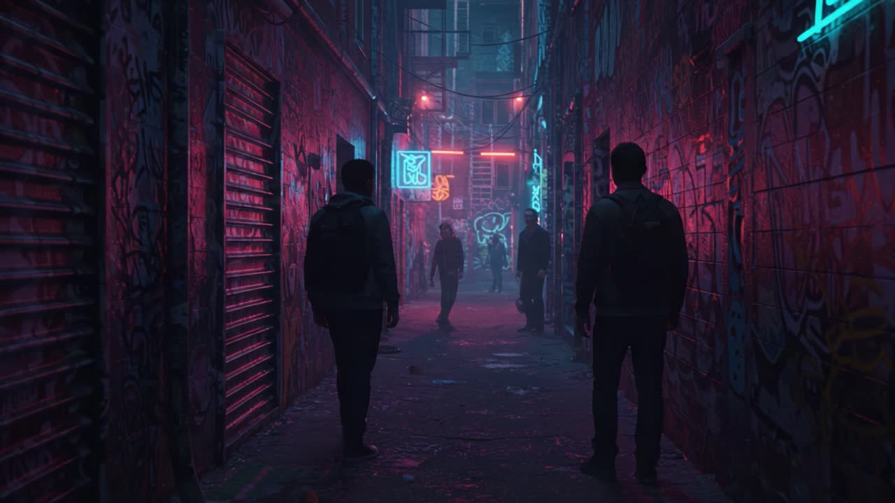 A Neon-Lit Urban Alleyway Capturing the Essence of Mysterious Encounters and Urban Artistry: Shadows of Figures Amidst Vibrant Graffiti and Glowing Signs