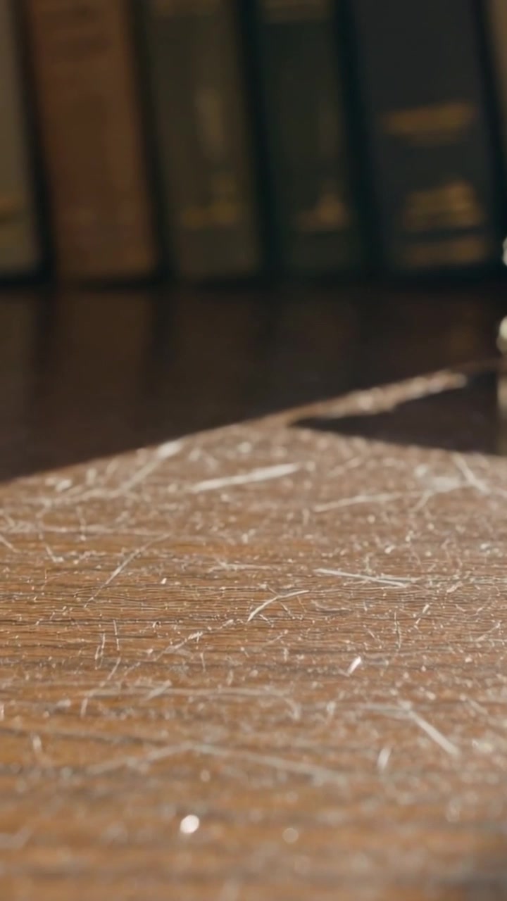 Vertical video: Rising dust motes from scratched tabletop after small breeze in study