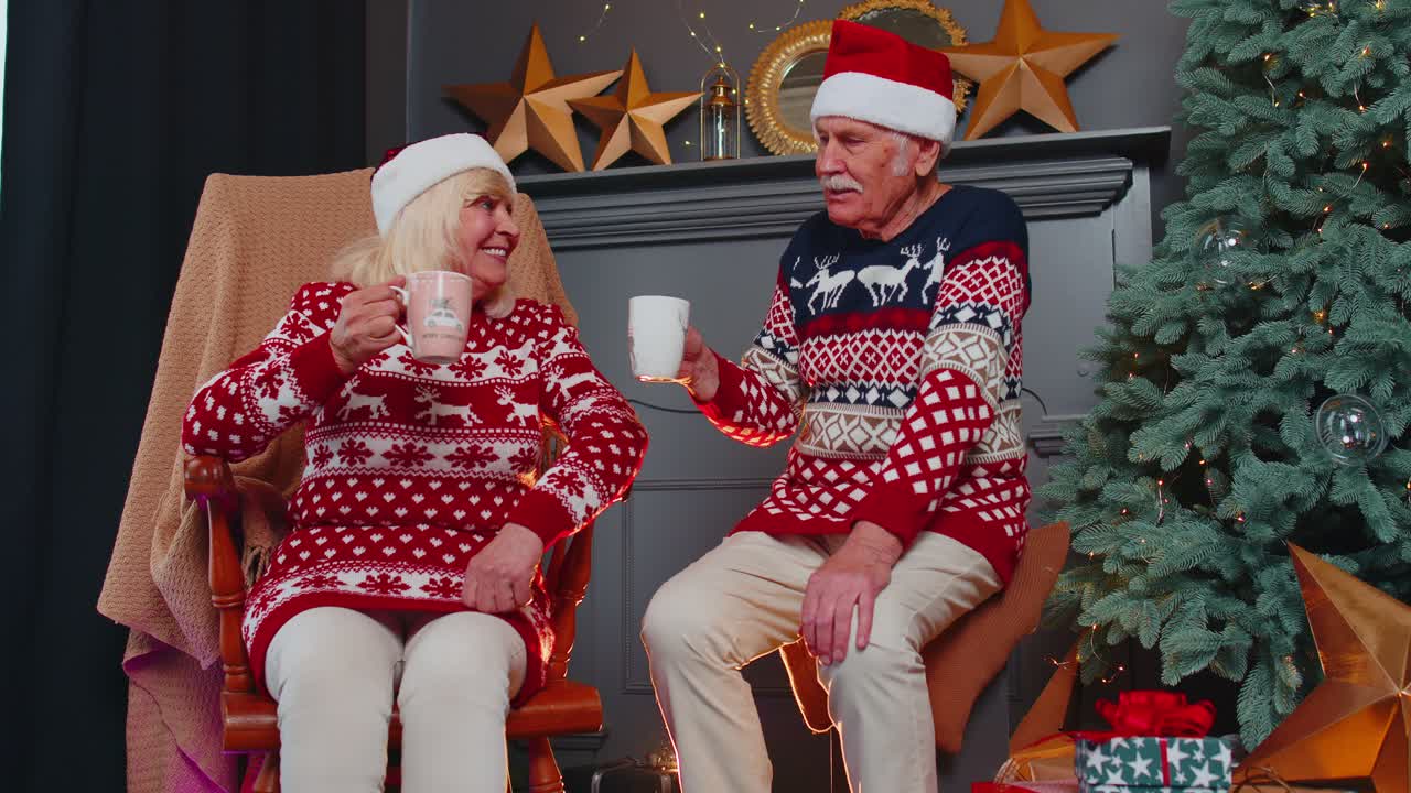 Senior grandmother grandmother enjoying pleasant christmas conversation drinking hot tea at home