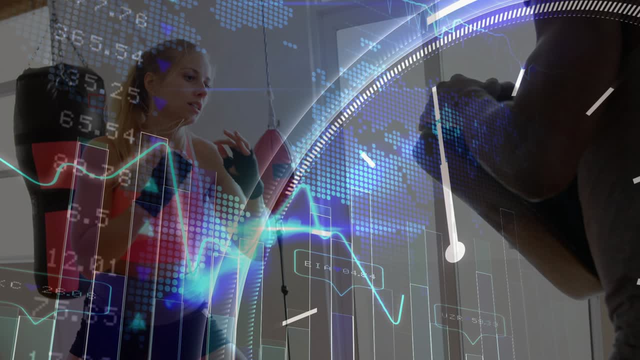 Female boxer stepping in throwing straights into coach pads training for fitness with chart overlay