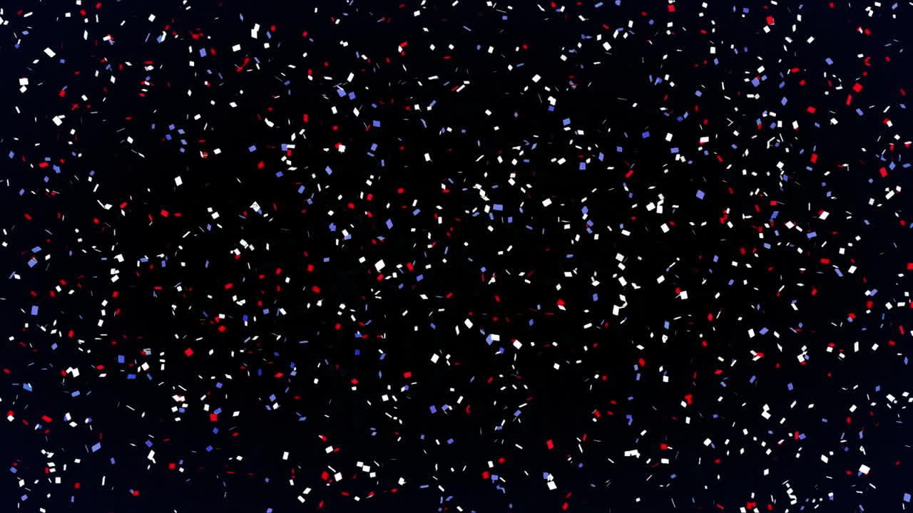 파란색, 빨간색,  ⁇ 색의 콘페티가 검은색 배경 위에 움직이는 애니메이션