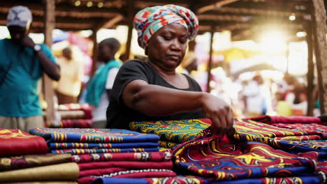 woman selling fabric at an african market