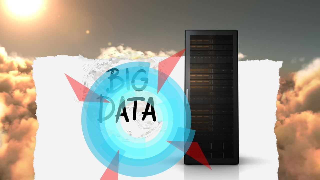 Animation of big data text, scope scanning and computer server over clouds and sky