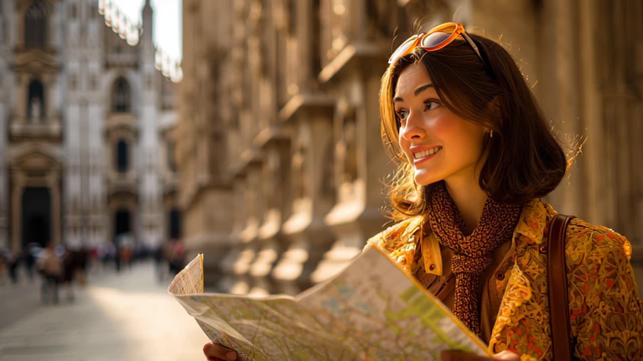 Riprese di viaggio cinematografiche di una giovane donna sorridente che tiene una mappa di carta su una storica strada europea, con luce solare calda, profondità di campo ridotta e spazio per il testo.