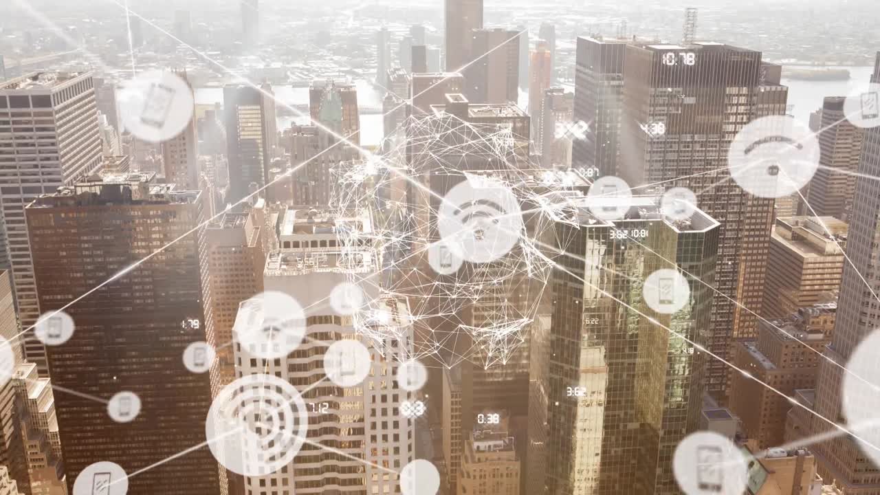 도시 풍경 위의 데이터 처리 애니메이션