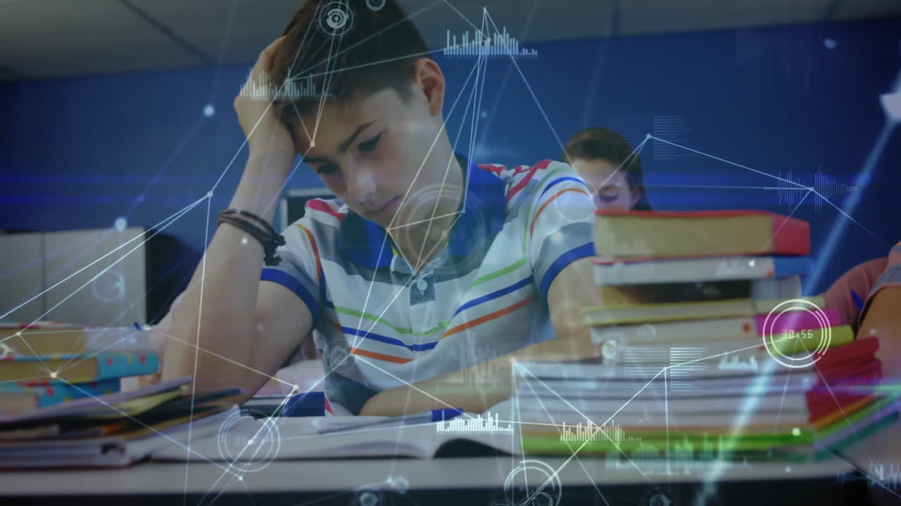 Teenage student writing notebook with textbooks, showing animated technology network-graph data