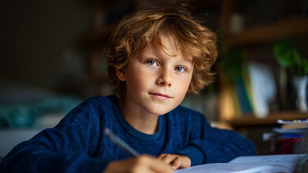 Un ragazzino con i capelli ricci è profondamente concentrato mentre scrive sul suo quaderno, catturando un momento di creatività e concentrazione in un accogliente ambiente di studio
