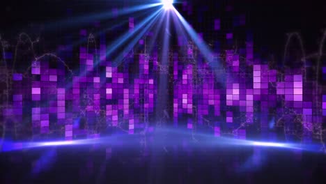 Animation-of-blue-light-spots-and-purple-music-equalizer-against-black-background