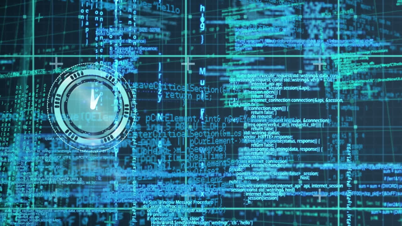 animación de reloj digital y lenguaje de programación y patrón de cuadrícula sobre fondo negro.