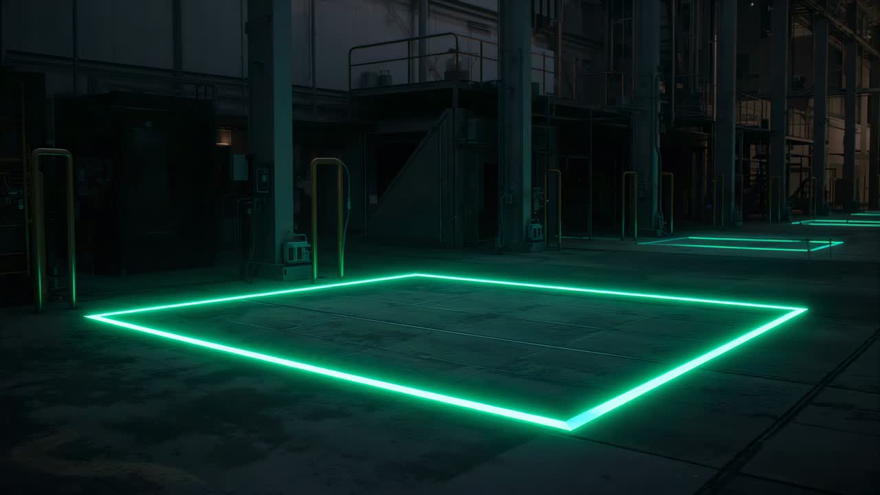 Opening shot capturing neon square glowing on warehouse floor, holding steady to highlight interior