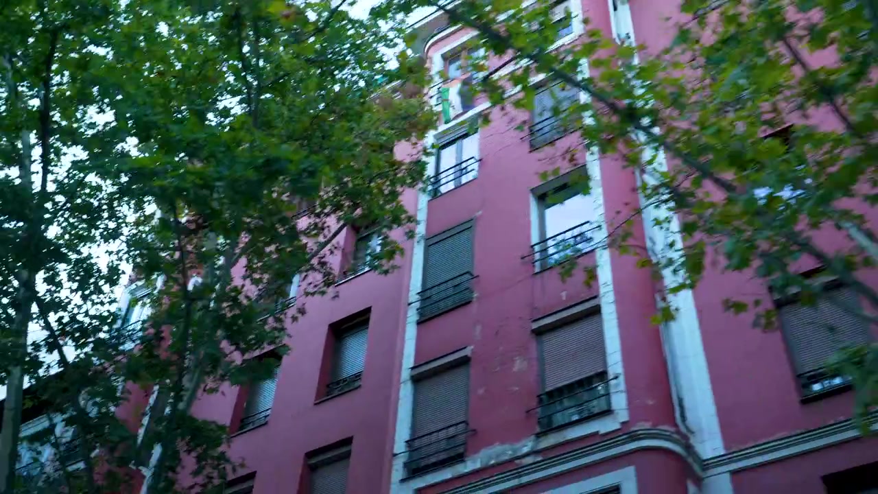 Una ripresa in movimento a mano che inquadra dal basso edifici storici rossi e bianchi a Madrid, Spagna, incorniciati da un vibrante fogliame estivo verde. Cattura autentiche atmosfere di città europea.