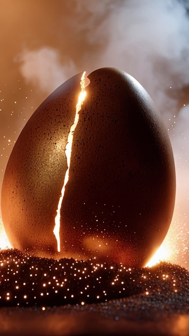 An Enigmatic Lava-Infused Egg Emerging from Illuminated Ashes with Spiraling Sparks and Puffs of Smoke, Symbolizing Transformation and New Beginnings