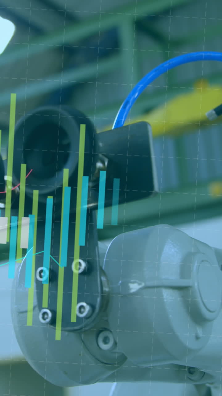 animación del procesamiento de estadísticas sobre robots y máquinas en el fondo del almacén