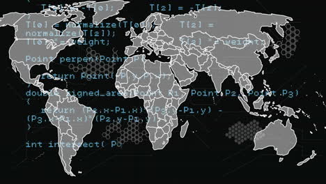 Weltkarte-Mit-Programmiercode-Animation-über-Kontinente-Und-Sechseckige-Muster