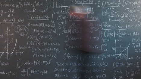 mathematical equations on a blackboard with a person