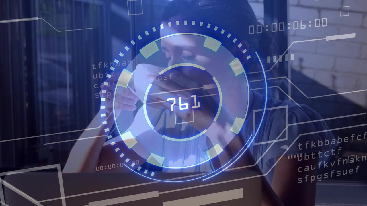 Woman lifting mug in workspace, sparking transparent data overlay counting sips for focus metrics