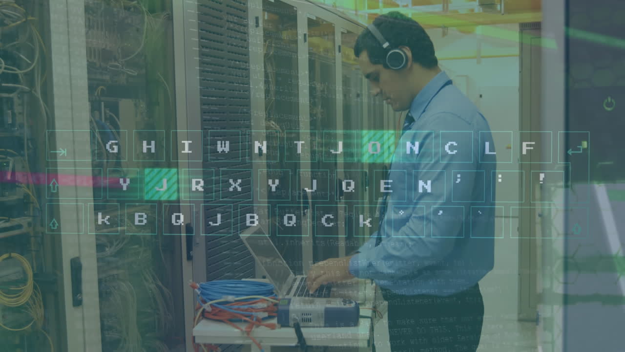 animación de procesamiento de datos de teclado virtual sobre ingeniero masculino latino trabajando en la sala de servidores