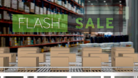 animation of flash sale text over cardboard boxes on conveyor belts