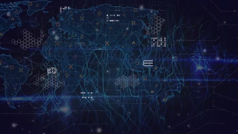 Animation-of-pulsating-circle-over-world-map,-data-processing-and-blue-digital-wave