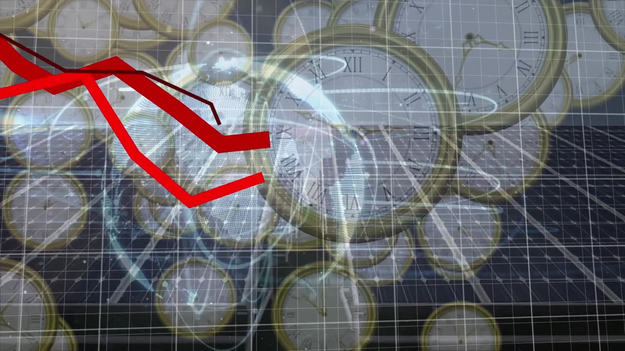 Animazione di grafici e un globo sopra un orologio che cade, con pannelli solari sullo sfondo.