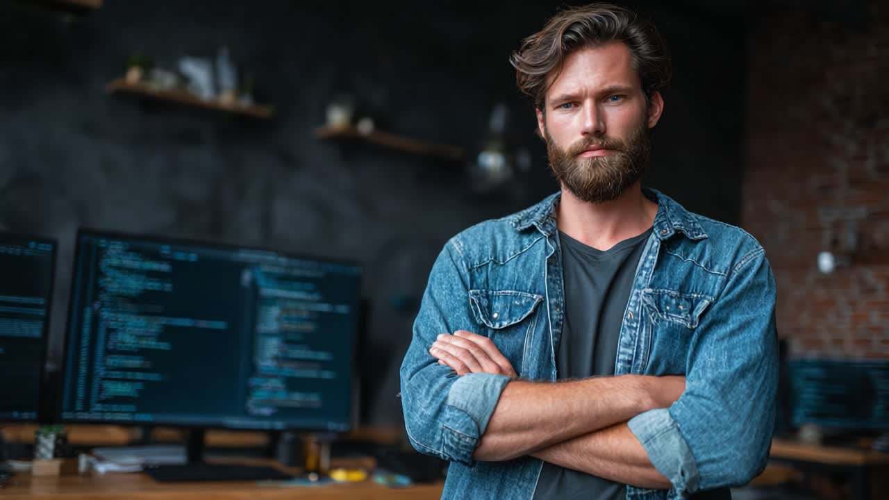 A Focused Programmer in a Modern Workspace: Capturing the Essence of Creativity and Innovation in Software Development with a Confident Posture and Engaging Environment