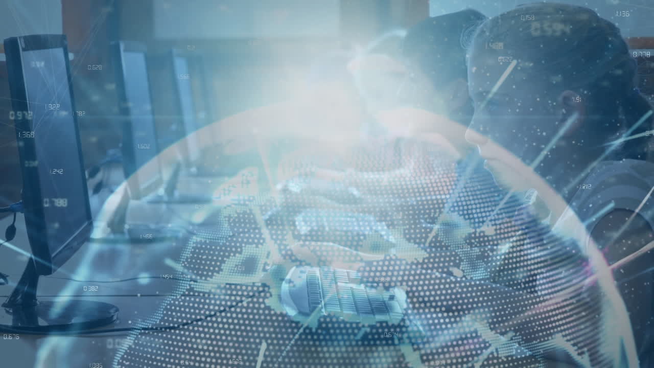 배경에 회전하는 점들로 만들어진 지구상에 있는 아이들의 애니메이션