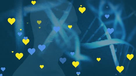 Animation-of-multiple-blue-and-yellow-heart-icons-over-dna-structures-against-human-head-model