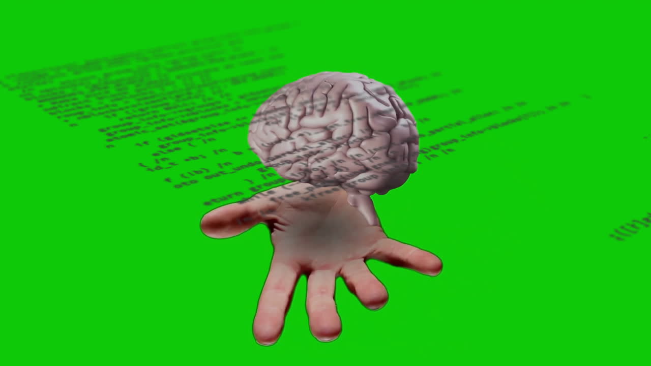Human hand holding floating 3D brain model over green backdrop, code lines receding in 3D render