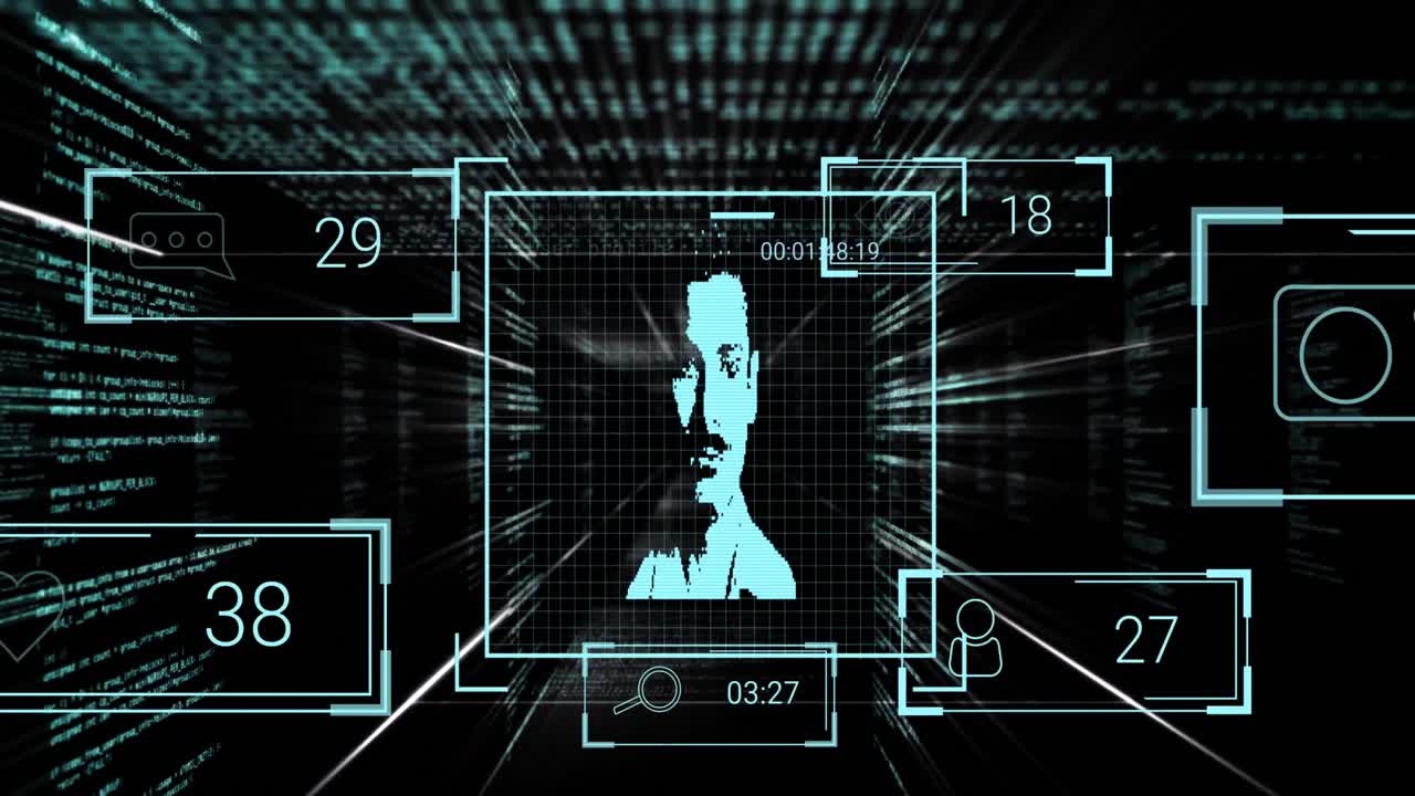 animación de fotos de usuarios, reacciones en las redes sociales y procesamiento de datos en el espacio digital