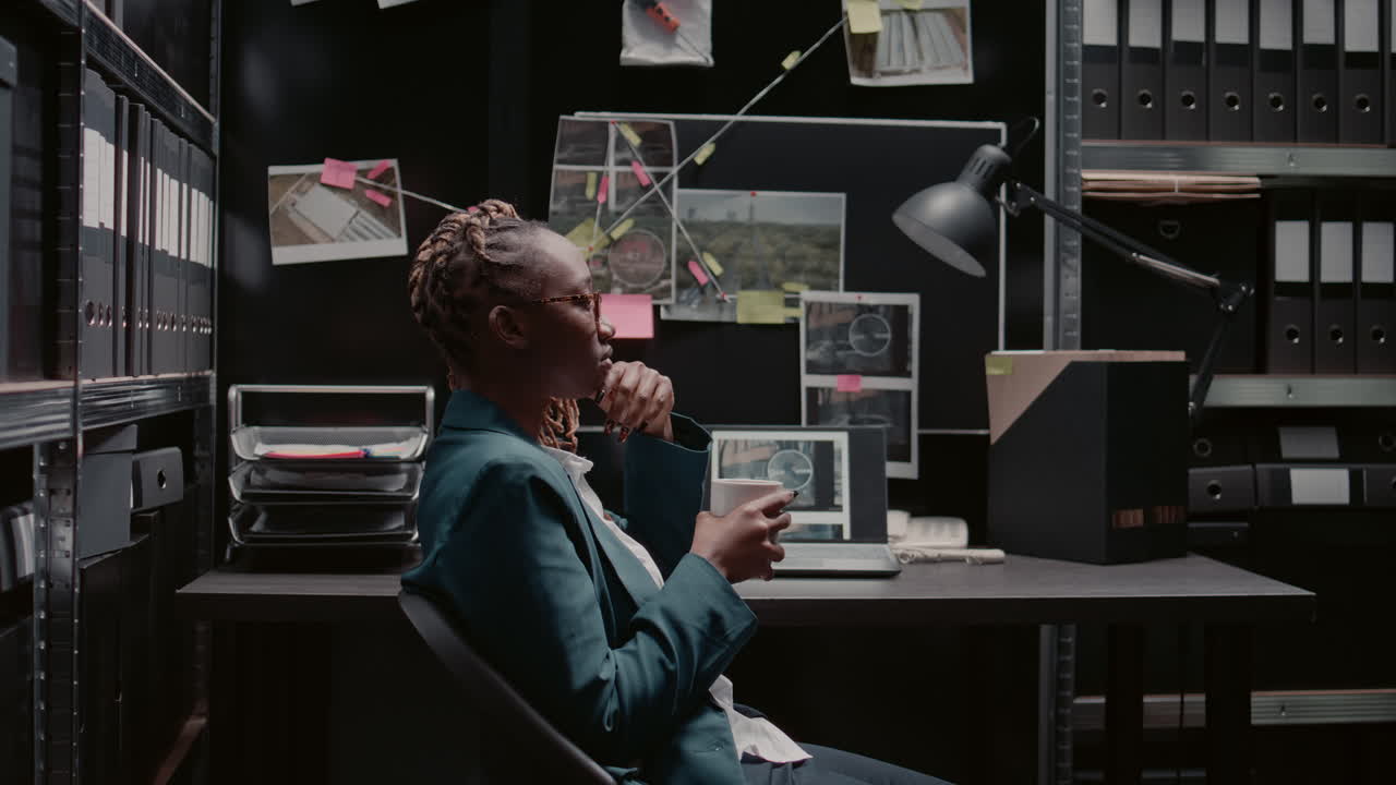 A detective takes a break in her office surrounded by case files and evidence