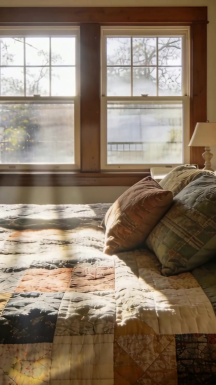 Video verticale: Luce mutevole che si muove in camera da letto all'alba, illuminando una trapunta patchwork e cuscini