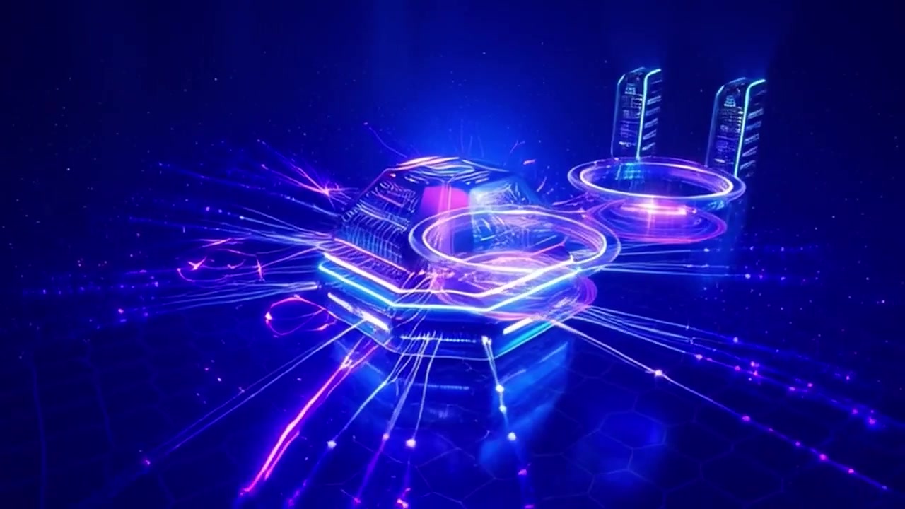 Futuristic Digital Core Processing Data with Glowing Light Trails