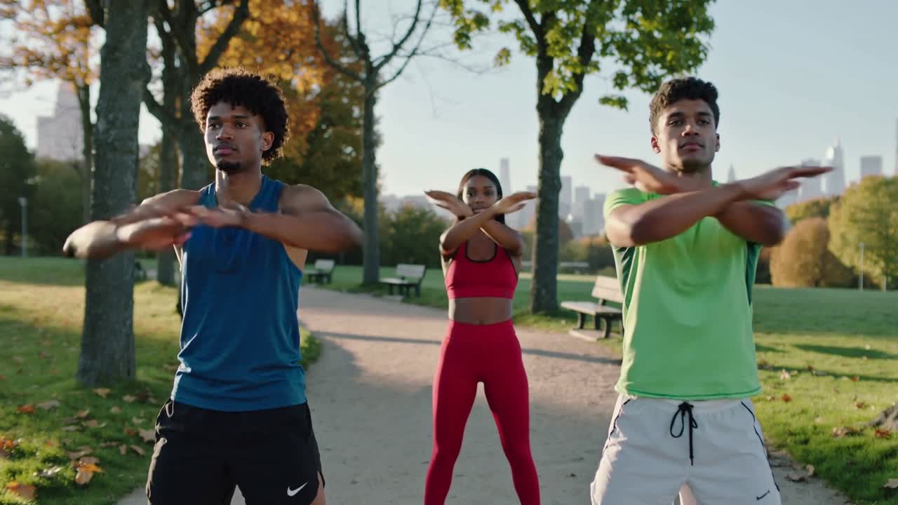 Después de mantener los brazos a la altura de los hombros en un sendero del parque, tres adultos balancean los brazos, cruzando el pecho, calentando.