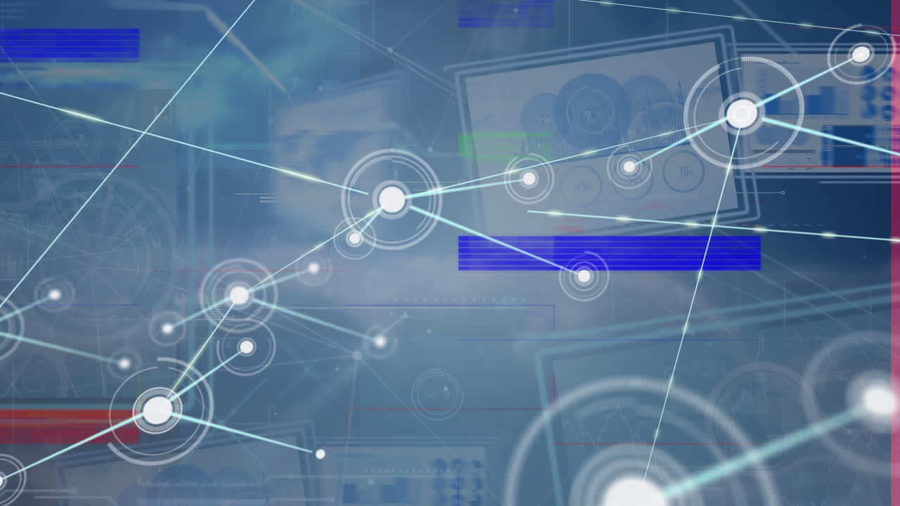 animación de puntos de conexión digitales con líneas, pantallas con gráficos y glitch distorsionado colorido