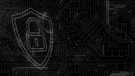 Animation of online security padlock with data processing on circuit board