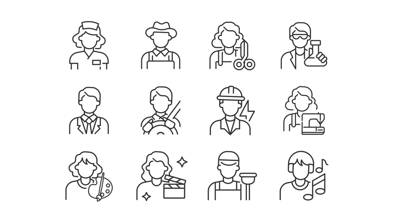 Animated Line Art Icons of Diverse Professions and Occupations