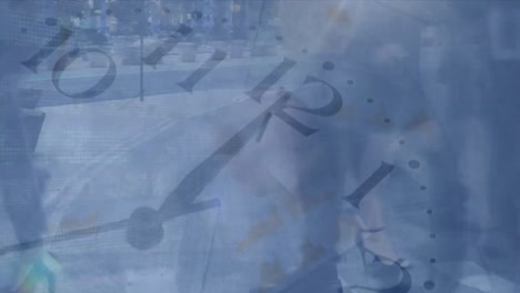 animación del procesamiento de datos y reloj sobre personas que caminan por la calle.