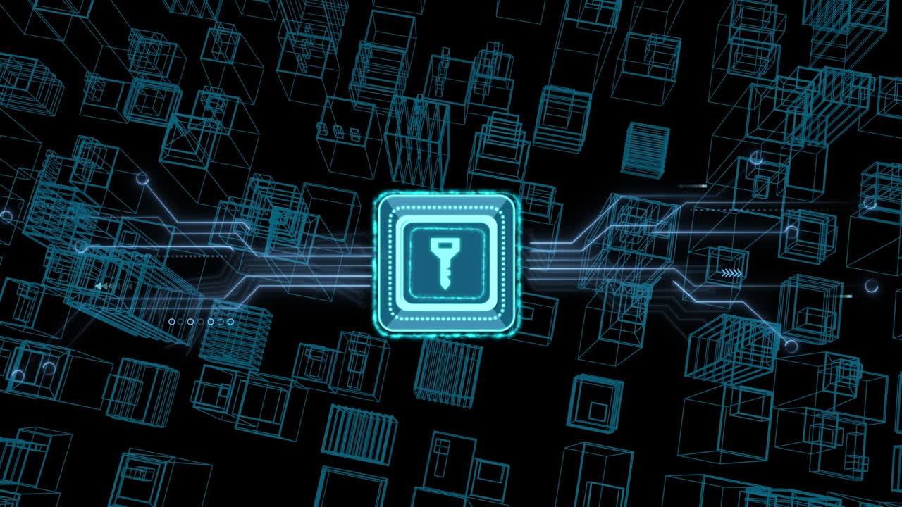 Animation of data processing with online security key over 3d city, computer circuit board