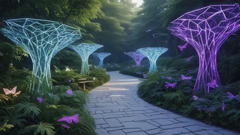enchanted forest path with bioluminescent trees and butterflies