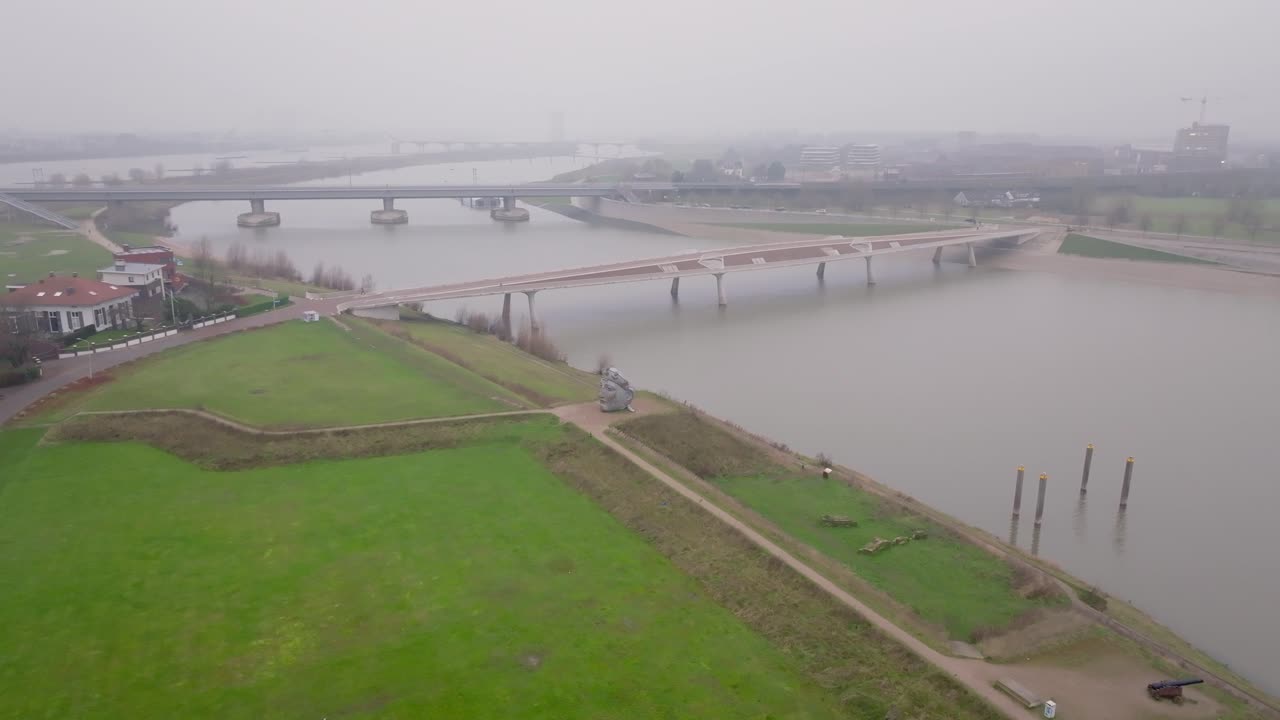 Drone Orbit of Gezicht van Nijmegen with River Waal Panorama