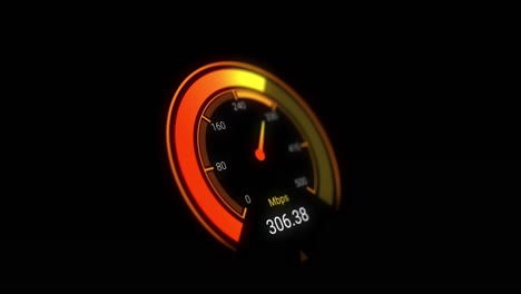 Animation-of-orange-speedometer-over-black-background