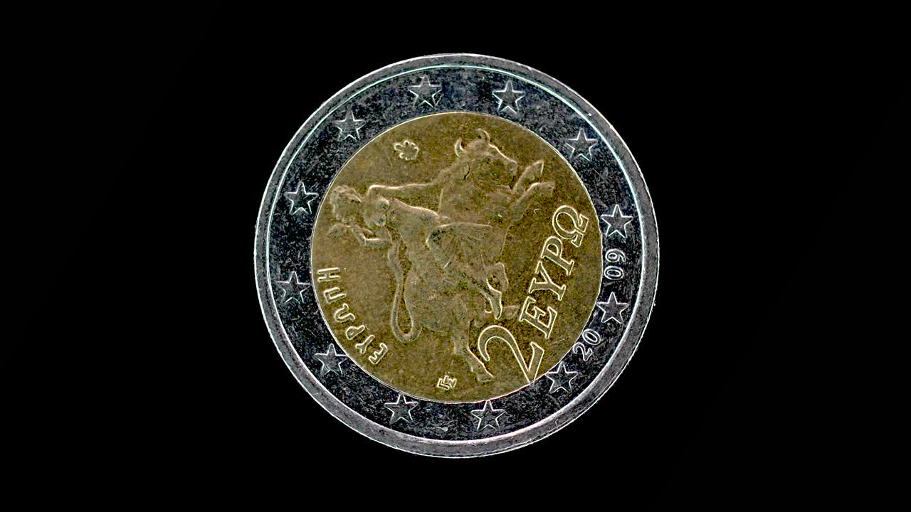 Greece 2009 2 euro obverse with Europa and bull myth design rotating on black background