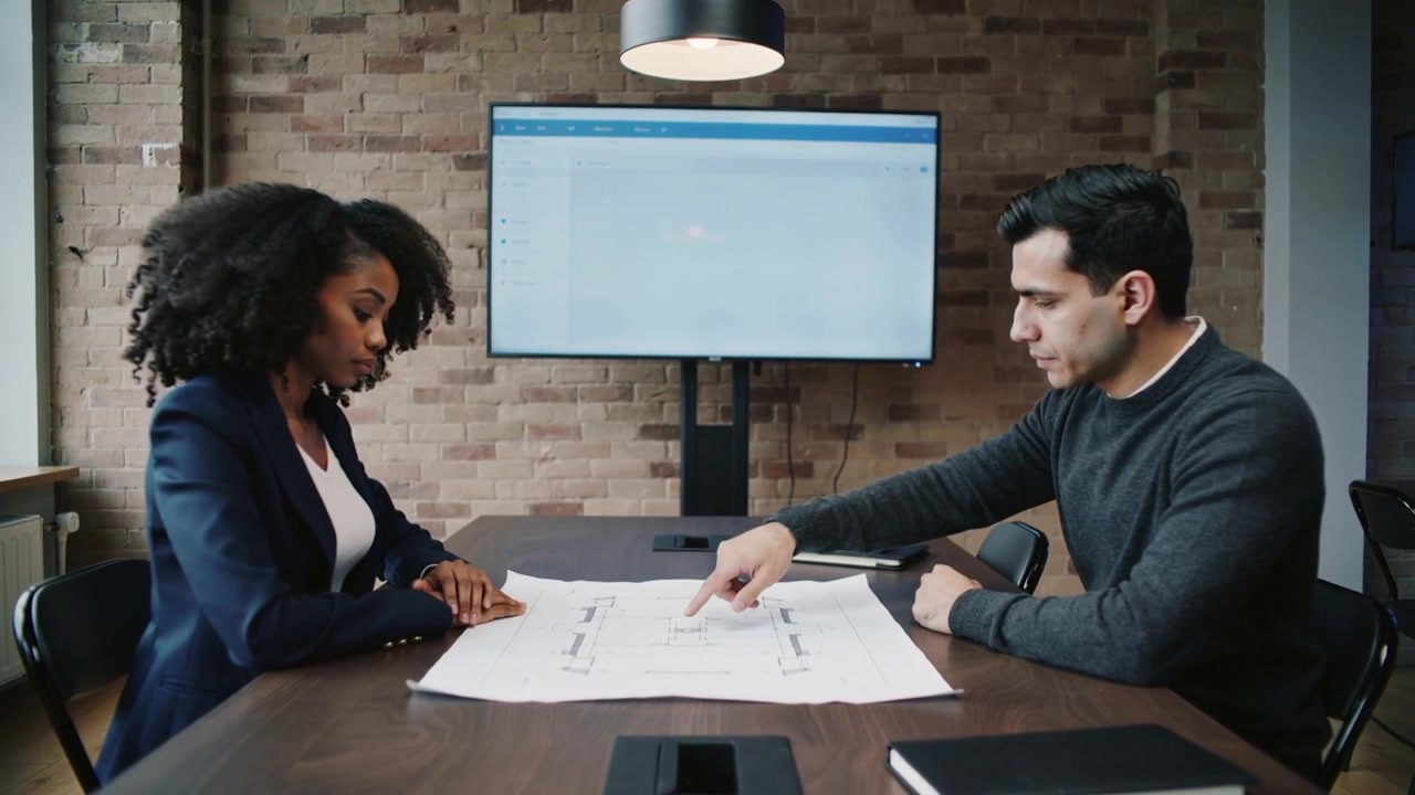 Glancing at monitor, man pointing at plans at table, woman in navy blazer noting changes
