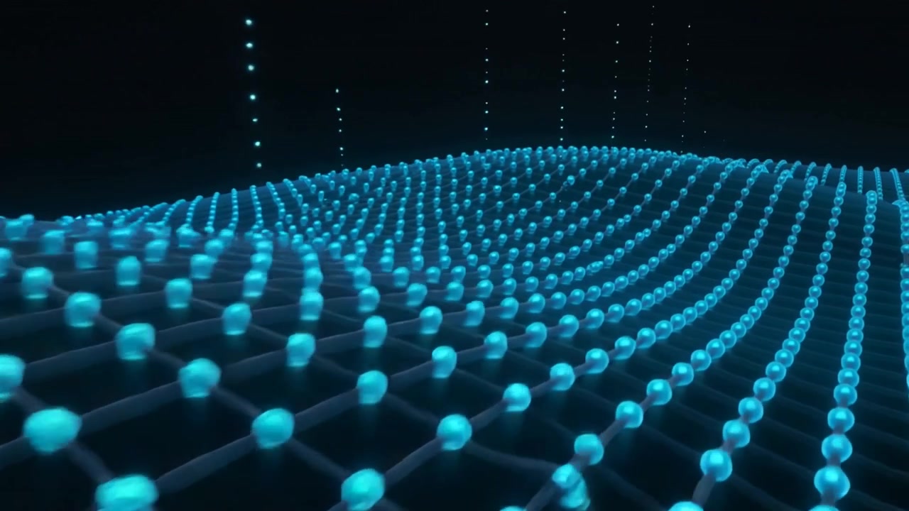 Data pulse driving glowing cyan node lattice forming traveling wave across void, showing data flow